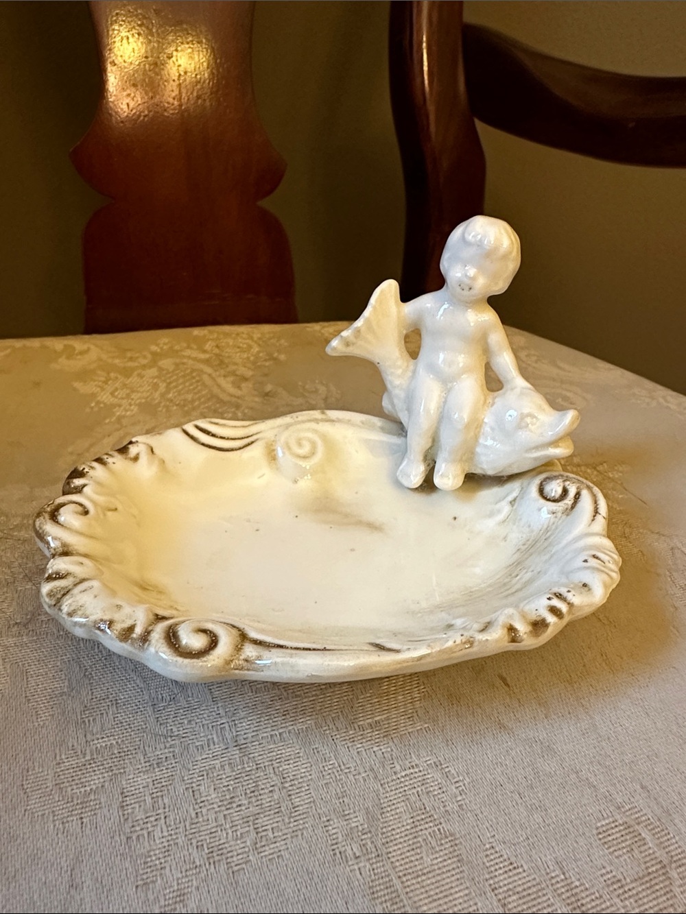 Adorable Enesco, Japan ceramic cherub, angel on fish, koi, trinket, soap dish